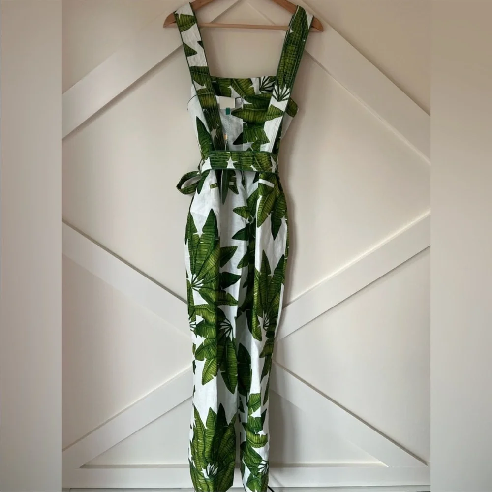 Farm Rio x Anthropologie Palm Fan Off-White Jumpsuit NWT Size XS Linen